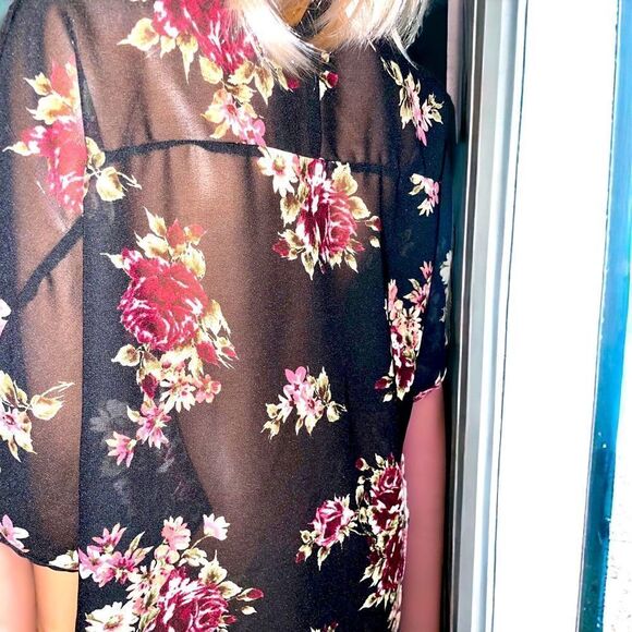 Open Kimono l Gorgeous Black w/ Purple Floral l Made in India l L lEUC - Picture 5 of 8